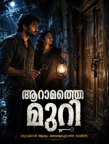 പഴയ കേരള തറവാട്ടിലെ ആറാമത്തെ മുറിയുടെ മുന്നിൽ നിൽക്കുന്ന യുവാവും യുവതിയും