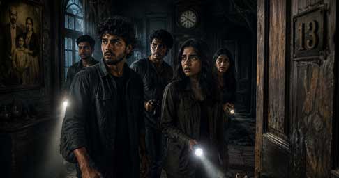 അർധരാത്രി 2:13-Part 1 2 അർധരാത്രി 2:13 Part 1-ൽ ഉപേക്ഷിക്കപ്പെട്ട ബംഗ്ലാവിലെ പതിമൂന്നാം മുറിയുടെ മുന്നിൽ നിൽക്കുന്ന ആദിലും മീരയും സുഹൃത്തുക്കളും.