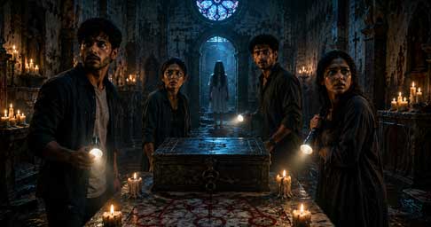 അർധരാത്രി 2:13 Part-3 2 അർധരാത്രി 2:13 Part 3-ൽ രഹസ്യ ചാപ്പലിലെ കൽബലിപീഠത്തിന് മുന്നിൽ ആദിൽ, മീര, റോഷൻ, ആര്യ എന്നിവർ നിൽക്കുമ്പോൾ പിന്നിൽ ദുരൂഹ പെൺകുട്ടി പ്രത്യക്ഷപ്പെടുന്ന രംഗം.