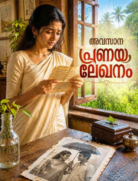 അവസാന പ്രണയലേഖനം എന്ന മലയാളം പ്രണയകഥയ്ക്കായി മഴയുള്ള കേരള പശ്ചാത്തലത്തിൽ പഴയ പ്രണയലേഖനം കൈയിൽ പിടിച്ച് നിൽക്കുന്ന യുവതിയുടെ സിനിമാറ്റിക് ചിത്രം.