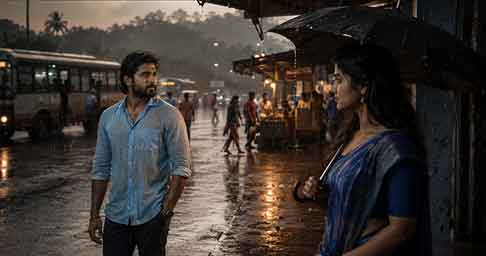 മഴയിൽ ബസ് സ്റ്റാൻഡിൽ അപരിചിത യുവതിയെ ആദ്യമായി കാണുന്ന ആദിത്യൻ