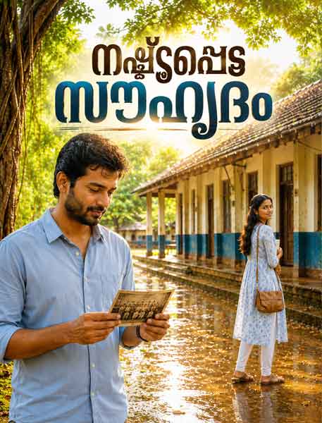 നഷ്ടപ്പെട്ട സൗഹൃദം എന്ന മലയാളം കഥയ്ക്കായി പഴയ സ്കൂൾ വരാന്തയിൽ വർഷങ്ങൾക്കുശേഷം വീണ്ടും കണ്ടുമുട്ടുന്ന രണ്ട് സുഹൃത്തുക്കളുടെ സിനിമാറ്റിക് ദൃശ്യം.