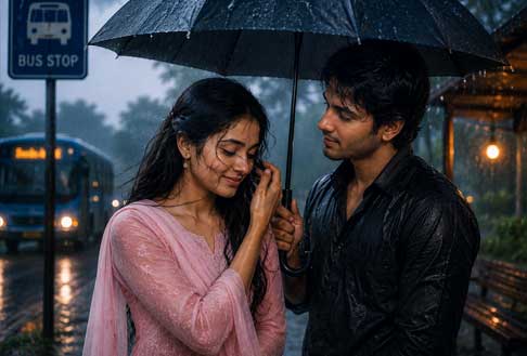 ചാറ്റൽമഴയിലെ ചുംബനം 2 ചാറ്റൽമഴയിൽ ബസ് സ്റ്റോപ്പിൽ ഒരേ കുടയ്ക്കടിയിൽ നിൽക്കുന്ന ആദവും മായയും – ചാറ്റൽമഴയിലെ ചുംബനം മലയാളം പ്രണയകഥയിലെ രംഗം